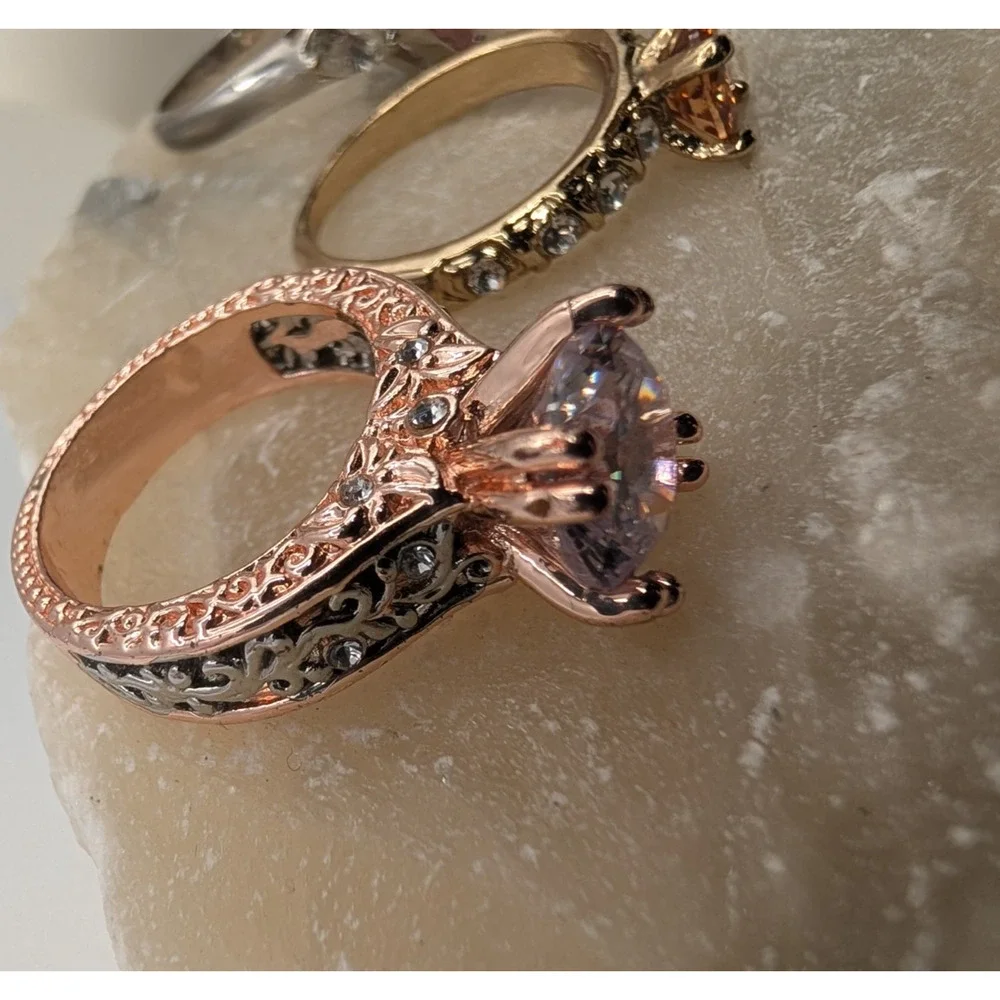 Fashion Rings Set of 3 Rose Gold Silver Tone Pink Stones Earth tones see pics